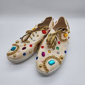 Glitz Canvas Sneakers with Gold Chains & Colorful Gem Embellishments Size 7 USA